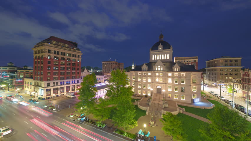 Lexington, Kentucky, USA historic downtown cityscape at night.