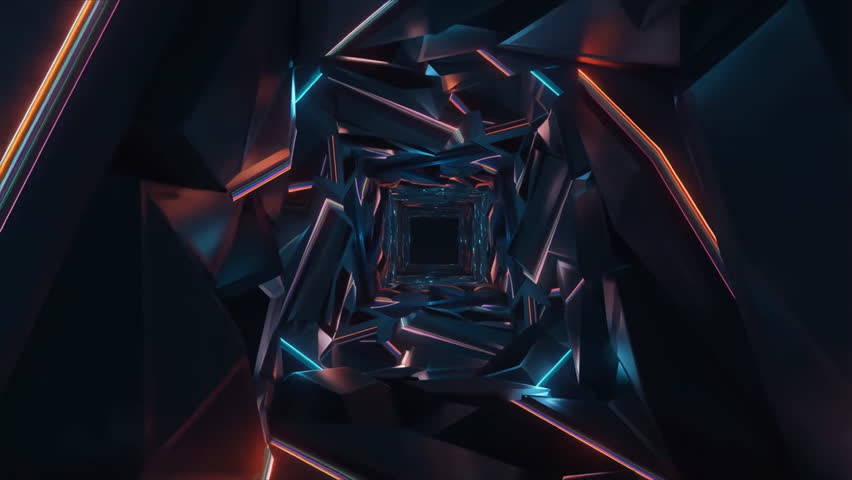 Geometric Tunnel: Dive into a mesmerizing geometric tunnel illuminated by vibrant, neon light, where angular shapes and bold colors converge to create an abstract journey through space.