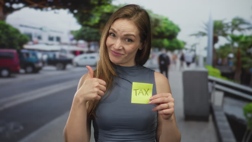Young woman holding a tax note and offering a thumbs-up gesture on a city street lined with buildings; approval optimism.