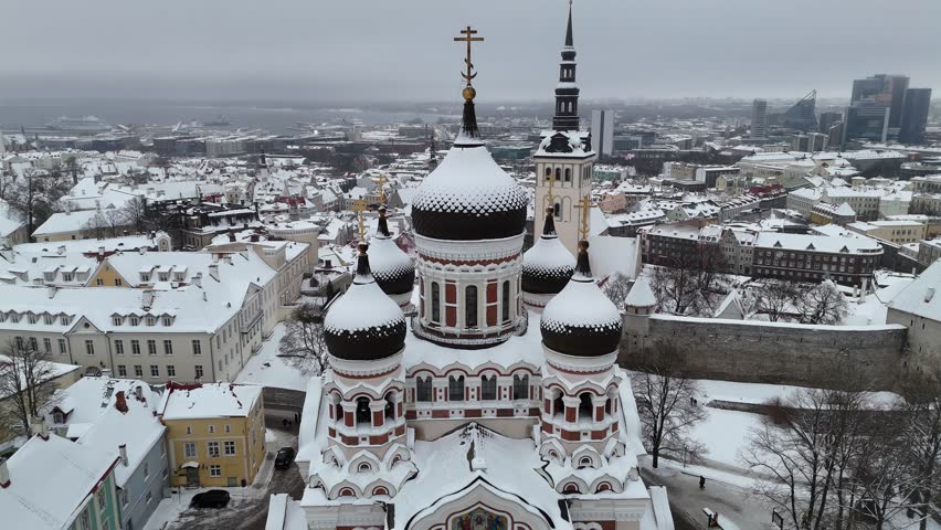 Tallinn Estonia Orthodox Church drone video (Alexander Nevsky Cathedral) during a snowy Winter day