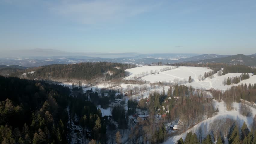 Aerial view of snow covered pine forest across winter mountain slope. Scenic alpine landscape suitable for travel, nature, and documentary visuals.