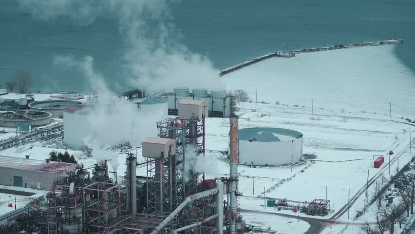 Aerial view of snow-covered refinery near lake in Canada, showing climate impact