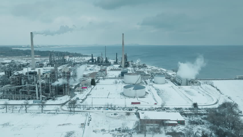 Industrial site in snow, Canada, highlighting climate change impact
