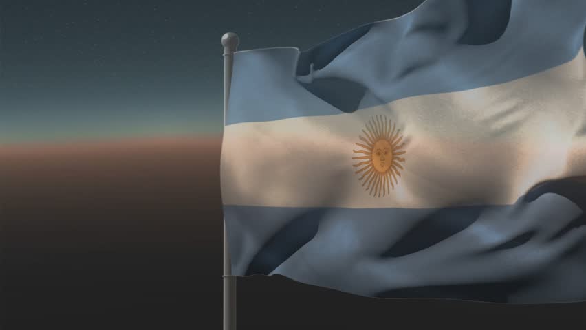 Argentine flag waving near horizon, breeze sparking holo panels streaming code showing country data. Tricolor, ensign, sunburst, dawn, starry, hud, ui