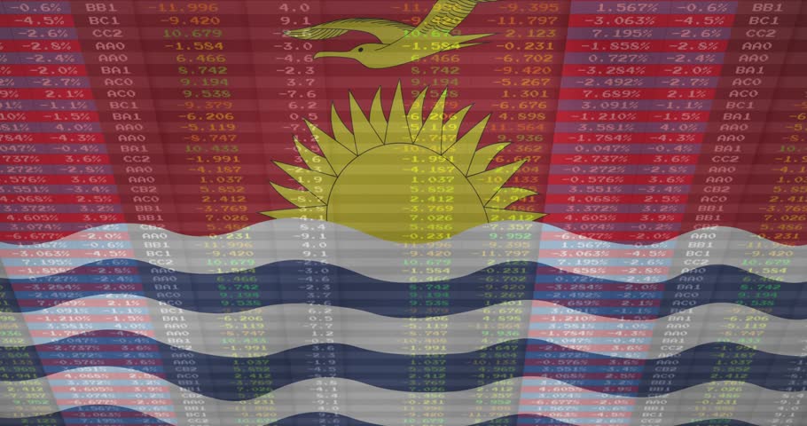 Stock data streaming, overlay scrolling, obscuring then revealing national flag, showing impact. Ensign, seabird, sun, rising, waves, digits, digital