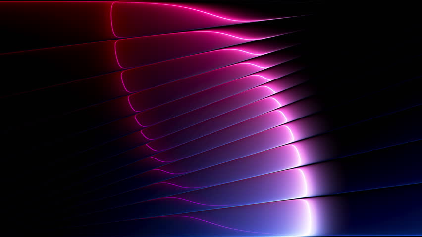 Abstract glass surface with diagonal ribs refracting neon gradient light. Ribbed glass with diagonal geometry and glowing blue pink gradient refraction creates elegant dynamic depth. Neon gradient sliding across diagonal glass ribs with glossy reflections and refraction. Futuristic background for technology presentation, motion graphics and digital product intro. Glass structure with parallel diagonal lines and vibrant gradient light. Seamless loop. 4K
