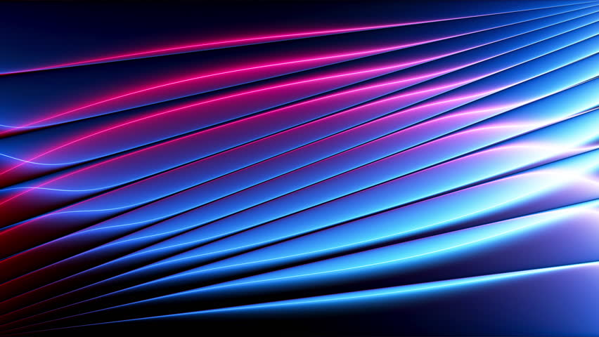 Abstract glass surface with diagonal ribs refracting neon gradient light. Ribbed glass with diagonal geometry and glowing blue pink gradient refraction creates elegant dynamic depth. Neon gradient sliding across diagonal glass ribs with glossy reflections and refraction. Futuristic background for technology presentation, motion graphics and digital product intro. Glass structure with parallel diagonal lines and vibrant gradient light. Seamless loop. 4K