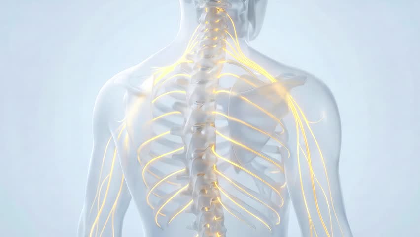 Human upper body nervous system signals traveling along spinal cord and branching peripheral nerves