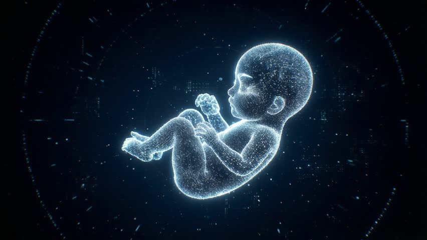 Glowing digital fetus floating and growing in a holographic medical interface with data particles