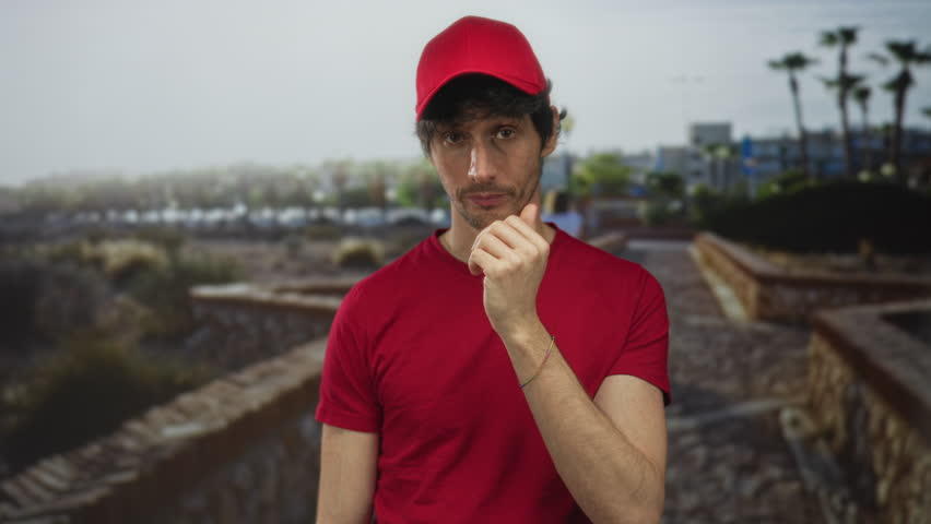 Young man in red cap and shirt rests hand on chin on sunlit street with blurred greenery; concern reflection.
