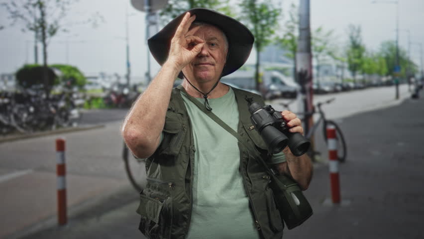 Senior man wearing bucket hat and fishing vest holds binoculars and makes ok sign to eye on street near bicycle rack and red white bollard; curiosity exploration.