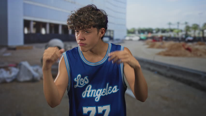 Young man rubbing his eyes and covering his face while wearing a los angeles basketball jersey in front of a building under construction; fatigue youth uncertainty.