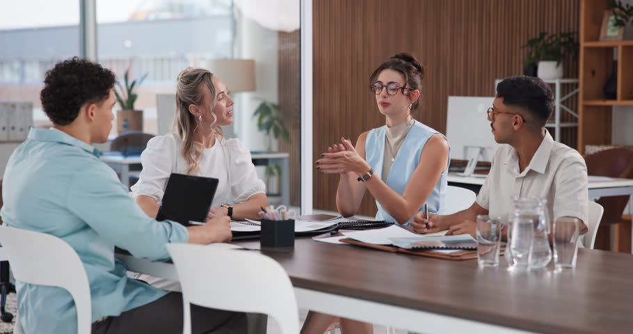 Laptop, meeting and people with document in office, applicant screening and cv evaluation process. Explain candidate selection, pc or hr team with discussion for recruitment, resume review or writing