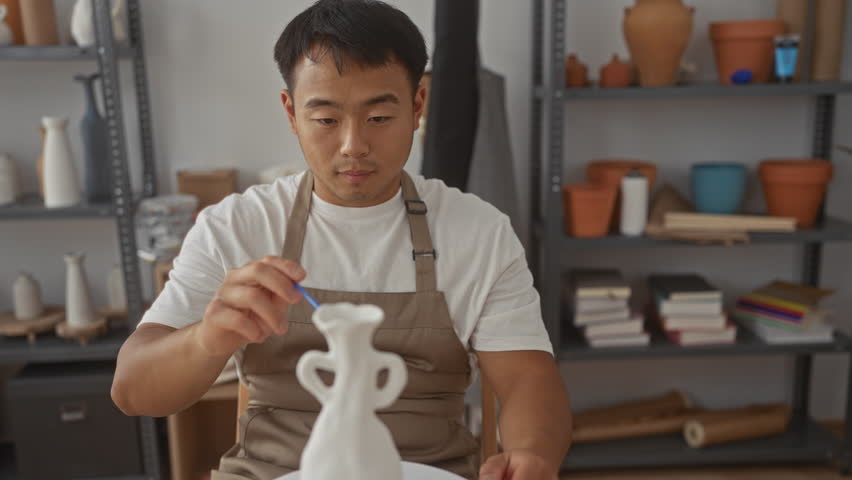 Man paints white porcelain vase with steady hand in studio workshop lined with pottery shelves; creativity.