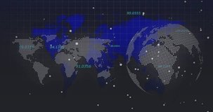 Faint cyan arc appearing, dotted world map and globe animating as arcs visualizing global data flow. Viz, hud, interface, network, infographics, abstract, neon - Powered by Shutterstock - Get 15% off with code: PIKWIZARD15