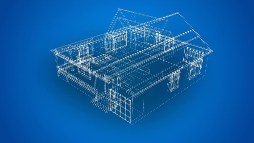 On scene load, 3D house model rotating, morphing wireframe into shaded render to showcase design. Futuristic, digital, blueprint, schematic, holographic, architecture, motion