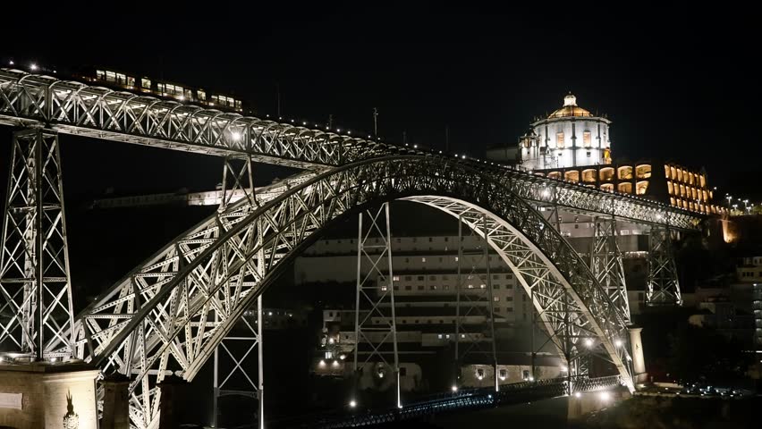 Dom Luis I Bridge Illuminated at Night in Porto
