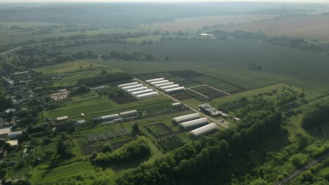 Drone Circling Greenhouses Crop Fields