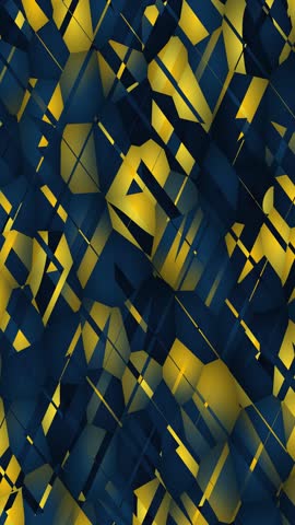 Dark navy and yellow geometric shard animation with sharp angular fragments forming a seamless abstract motion background