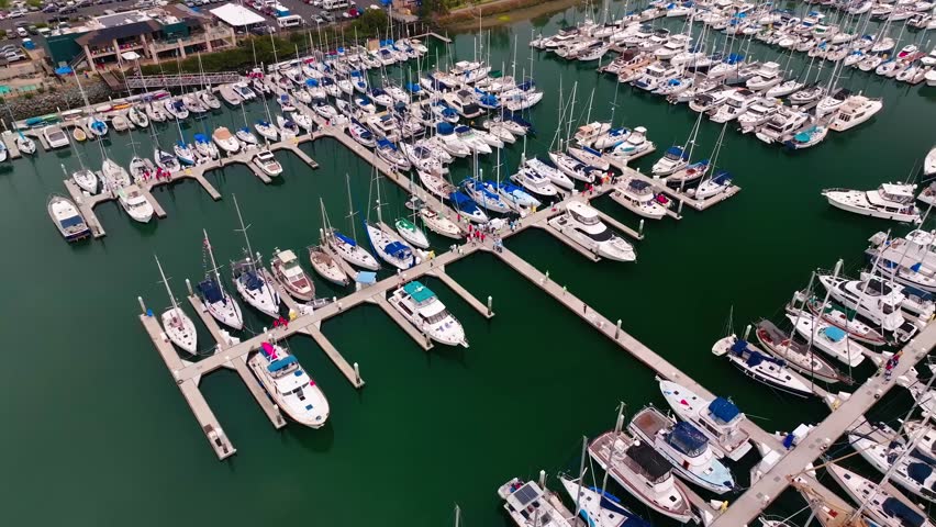 60FPS Low Altitude Orbiting Drone Footage of Boats in the Harbor at Shelter Island, in San Diego, California, USA