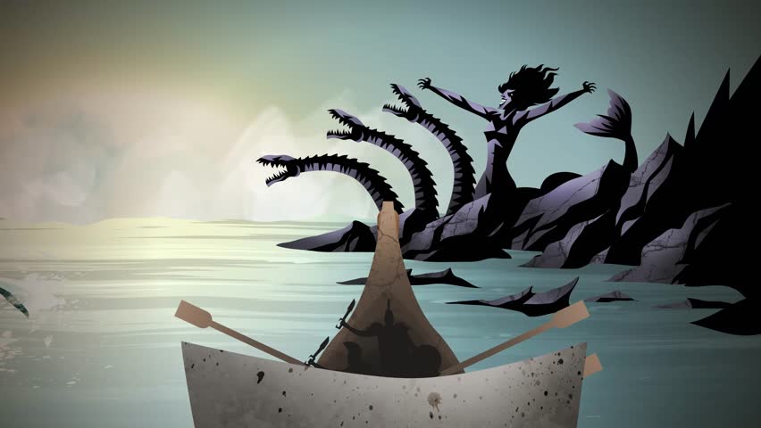 trireme boat sailing between scylla and charybdis greek mythology monsters