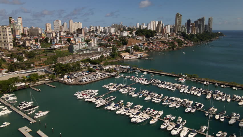 Aerial view of Salvador de Bahia marina with boats on a sunny day