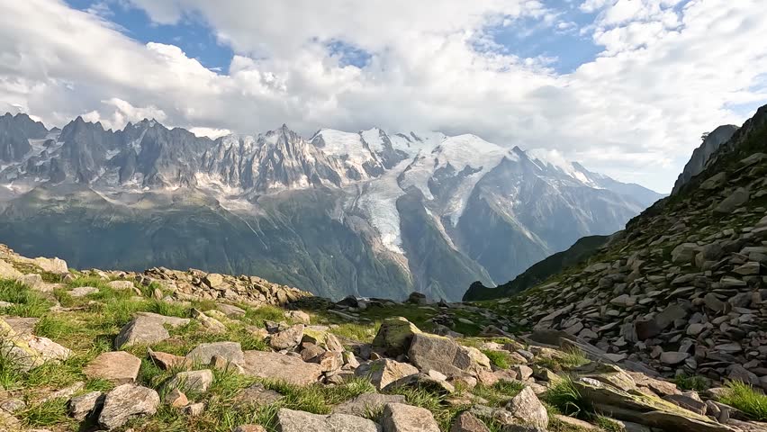 Wide Scenic Mountain Landscape, Mont Blanc From Col du Brévent In Daylight, Dramatic Alpine Atmosphere And Natural Grandeur
