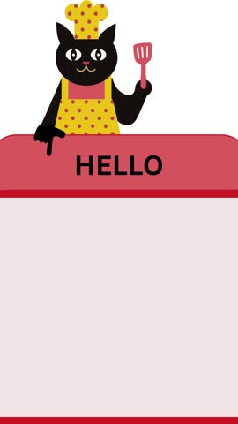 A cute cartoon animation of a chef cat, with a blank space for scanning a QR code with a smartphone or for adding text.