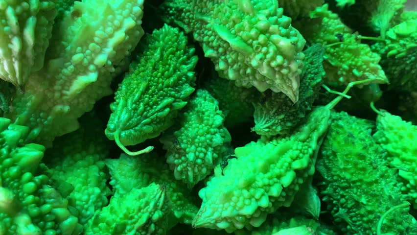 Close-up of fresh green bitter gourds piled together with detailed textured surface