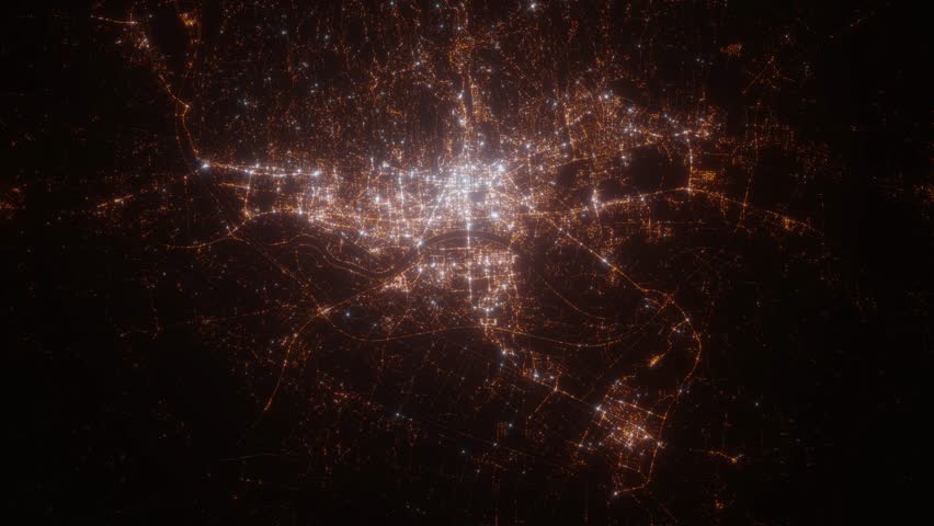 Zagreb (Croatia) aerial view at night. Satellite view on modern city with street lights. Camera is flying above the city, moving forward