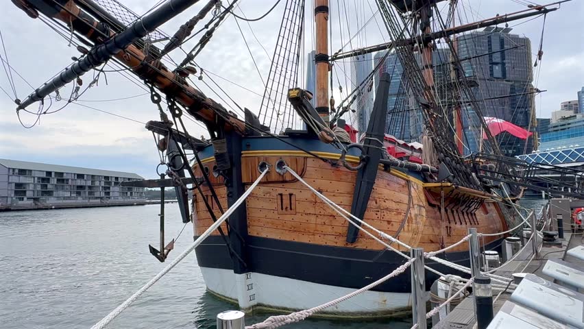 Stern of HMB Endeavour Replica docked at Darling Harbour, Sydney, New South Wales, Australia.