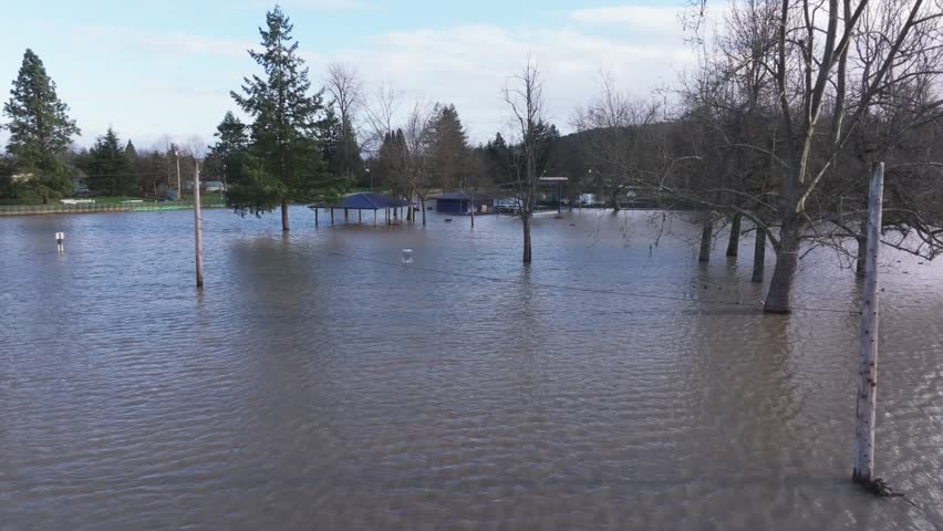White River Levee Fails, Engulfing Pacific Neighbourhood With Flash Floods In Washington State, USA. Aerial Shot