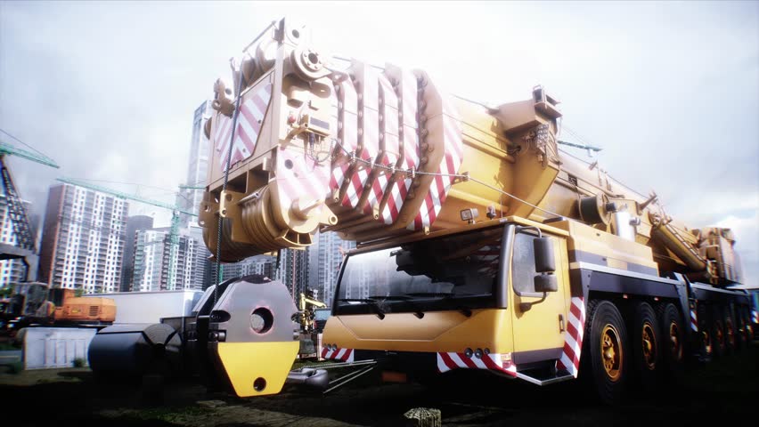 Mobile construction crane. Construction of a large industrial building or factory, . 4k animation