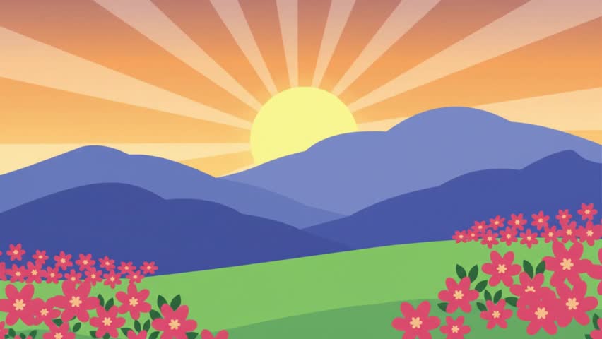 Golden Sunrise Over Flowered Hills