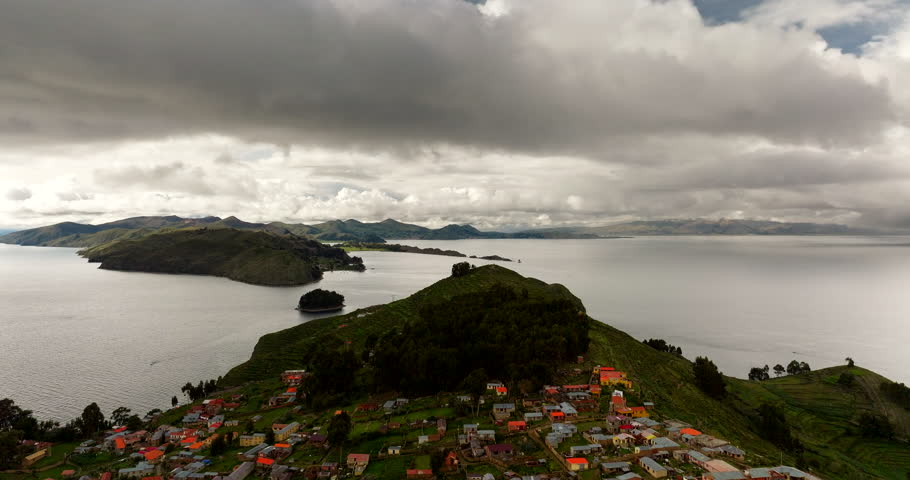 Isla Del Sol, Lake Titicaca, Bolivia. Drone of buildings, settlement, accommodation. Landscape