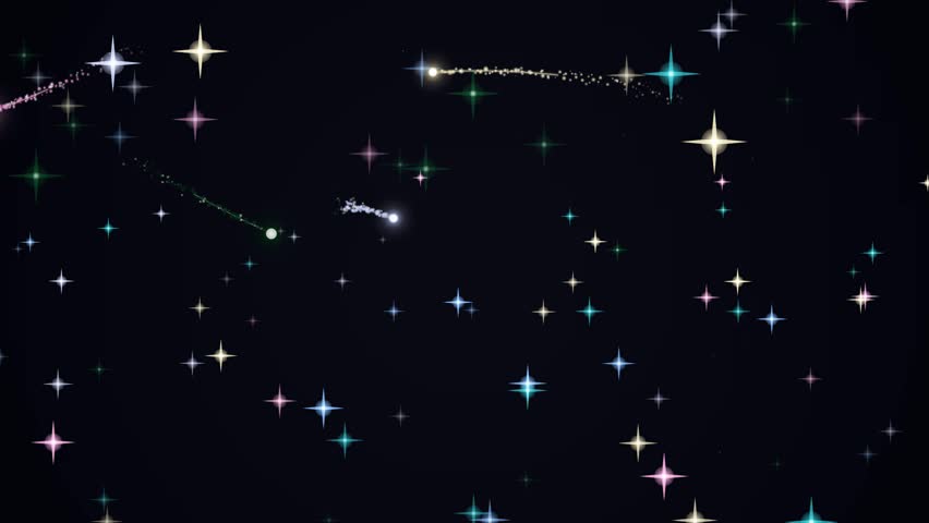 A digital illustration of a starry night sky with shooting stars and twinkling stars   