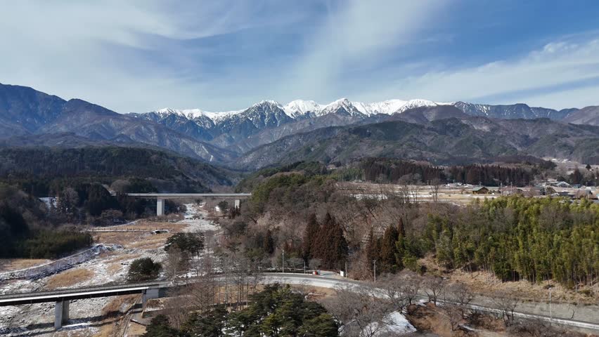 A mountain range is visible in the distance with a bridge in the foreground. The sky is clear and the sun is shining
