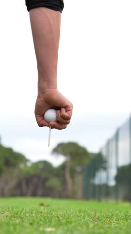 A person is holding a golf ball in their hand and is about to hit it with a golf club