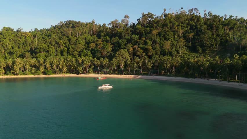 aerial drone shot of the pristine white sand and turquoise waters of Coconut Beach in Port Barton, San Vicente, Palawan, Philippines boat cruise the ocean water bringing tourist to paradise