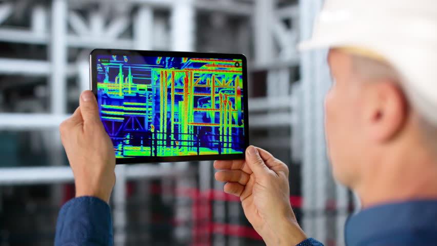 Male Engineer Using Thermal Camera In Oil Refinery For Inspection.