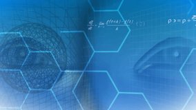 Opening hex grid revealing wire-mesh head emerging with formulas animating, visualizing data. Futuristic, technology, neural, digital, data, innovation, abstract - Powered by Shutterstock - Get 15% off with code: PIKWIZARD15