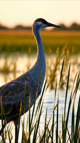 A close-up shot of a heron standing calmly among tall grass near water. The warm lighting and natural setting highlight peaceful wildlife beauty.