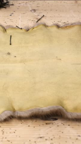 Close up of a natural pelt of a small animal on a wooden table inside a fur atelier. Inner leather surface is facing up, showing fine texture and quality for handmade fur garments and furrier work.