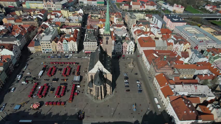 Aerial panorama view of the old town and market place in Pilsen, Czech Republic on a sunny summer day..