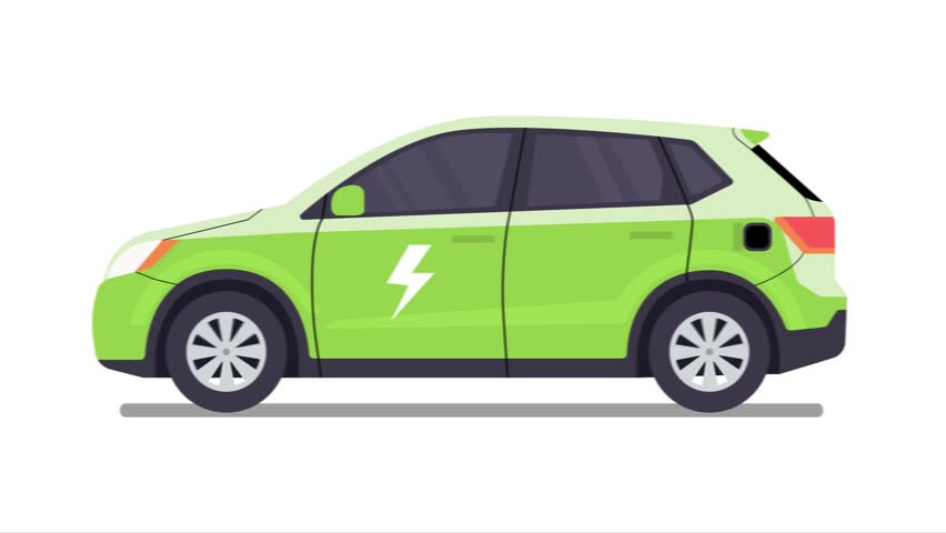 Side view vector illustration of a modern lime green electric crossover SUV, featuring a white lightning bolt symbol, representing sustainable technology and zero-emission transportation on a white background