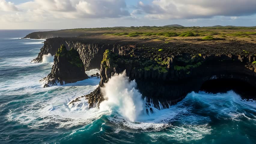 Rugged rocky coastline with crashing waves and green cliffs