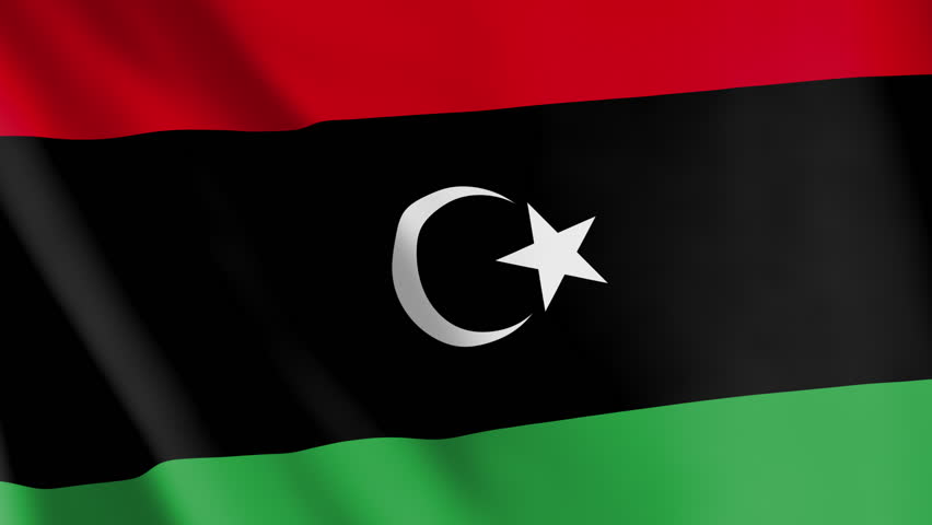 Flag of Libya animated background. Symbol of the Libyan nation and their culture. Waving flag in the wind footage. A star and crescent symbol is part of the state ensign.