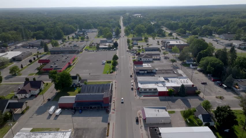Downtown White Cloud, Michigan with drone video moving in.