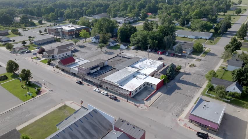 Downtown White Cloud, Michigan with drone video moving in a circle.
