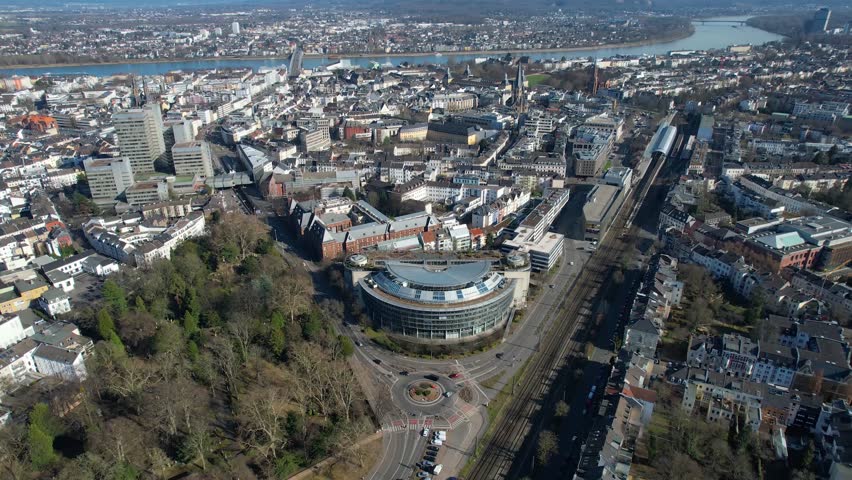 Aerial panoramic view around the city of Bonn on a sunny autumn noon in Germany